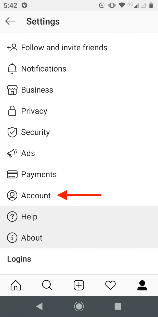 Instagram Settings menu with "Account" highlighted